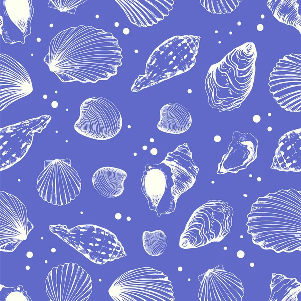 Seamless Pattern Vector Illustration Handdrawn Seashells Sketch Style Blue Background — Stock Vector