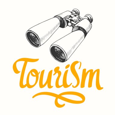 Kroki tarzı beyaz arka plan üzerinde dürbün ile seyahat vektör çizim. Fırça hat öğeleri tasarımınız için. El yazısı mürekkep yazı.