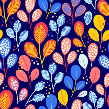 Vektör yaprak ve dal ile koyu mavi renk üzerinde seamless modeli. Arka plan çiçek elemanları ile. Doğal tasarım.