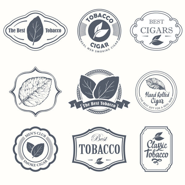 Vector Illustration with logo and labels. Simple symbols tobacco, cigar. Traditions of smoke. Decorative elements, icon for your design. Gentleman style.