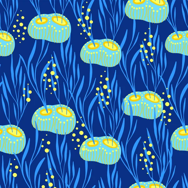 산호와 스폰지 파란색 배경에 패턴입니다 요소와 그림입니다 디자인 — 스톡 벡터