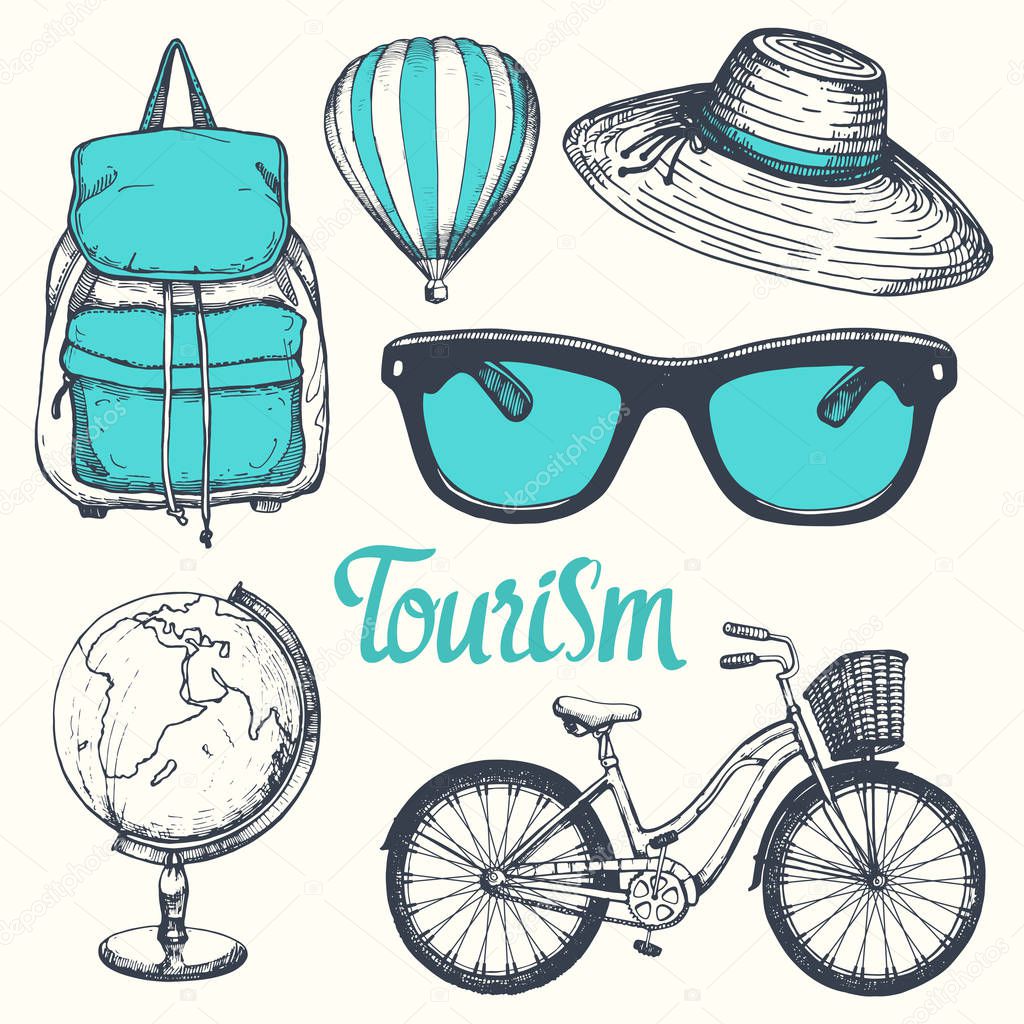 Travel hand-drawn set with backpack, air ballon, sunglasses, hat, bicycle, globe. Vector illustration in sketch style on white background. Brush calligraphy elements. Handwritten ink lettering.