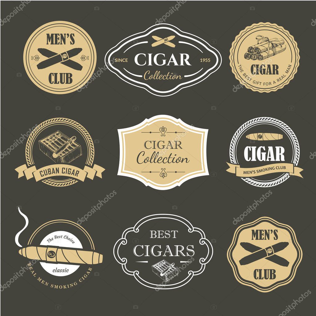 Vector Illustration with logo and labels. Simple symbols tobacco, cigar. Traditions of smoke. Decorative illustrations, icon for your design. Gentleman style.