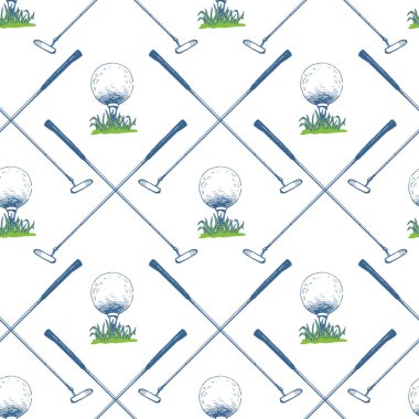Atıcı topu bir desenle sorunsuz golf. Vektör kümesi çizilmiş spor malzemeleri. İllüstrasyon kroki tarzı beyaz arka plan üzerinde.