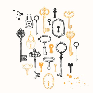 Vektör çizilmiş antika anahtarlarını ayarlayın. İllüstrasyon kroki tarzı beyaz arka plan üzerinde. Eski tasarım