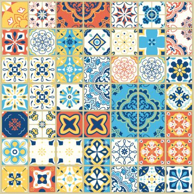 Portekiz fayanslarıyla kusursuz desen. Beyaz arka planda Azulejo 'nun vektör illüstrasyonu. Akdeniz tarzı. Çoklu renk tasarımı.
