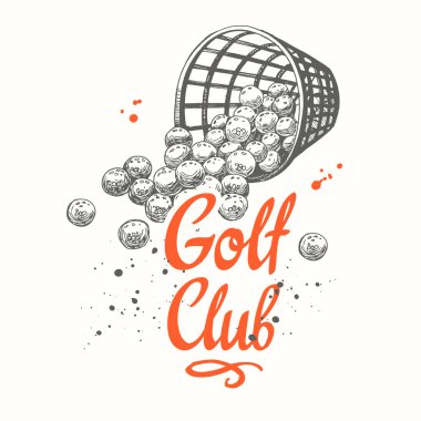 Golf topları sepetle. Vektör kümesi çizilmiş spor malzemeleri. İllüstrasyon kroki tarzı beyaz arka plan üzerinde. Fırça hat öğeleri tasarımınız için. El yazısı mürekkep yazı.