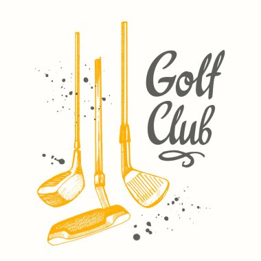 Golf. Vektör kümesi çizilmiş spor malzemeleri. İllüstrasyon kroki tarzı beyaz arka plan üzerinde. Fırça hat öğeleri tasarımınız için. El yazısı mürekkep yazı.