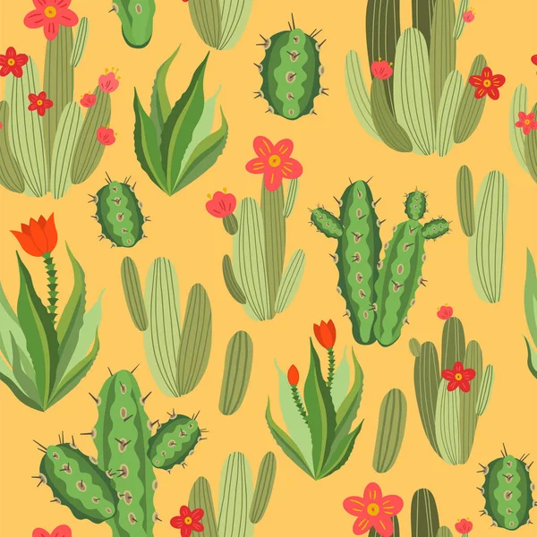 Ботаническая иллюстрация с перуанским кактусом. Векторный бесшовный рисунок на желтом фоне. Летние растения . — стоковый вектор
