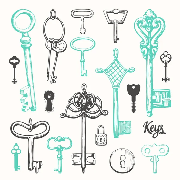 Conjunto vetorial de chaves antigas desenhadas à mão. Ilustração em estilo esboço sobre fundo branco. Design antigo — Vetor de Stock
