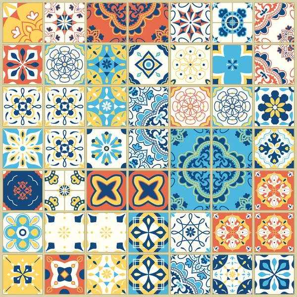 Sömlöst mönster med portugisiska kakel. Vektor illustration av Azulejo på vit bakgrund. Medelhavsstil. Flerfärgad design. — Stock vektor