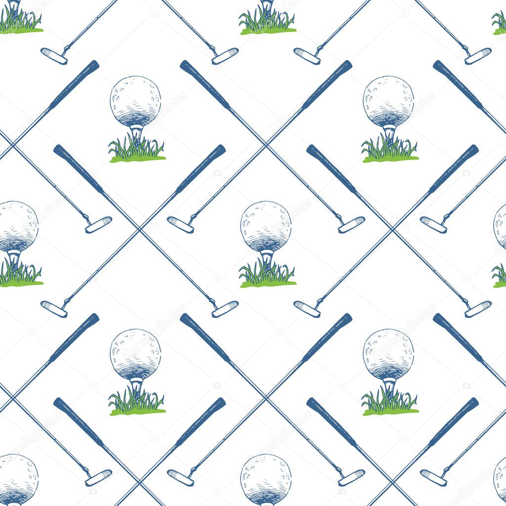 Seamless golf pattern with putter and ball. Vector set of hand-drawn sports equipment. Illustration in sketch style on white background.