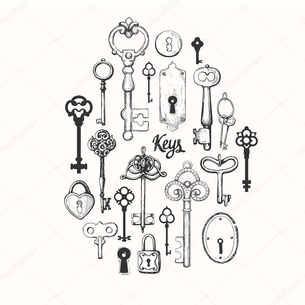 Vector set of hand-drawn antique keys. Illustration in sketch style on white background. Old design