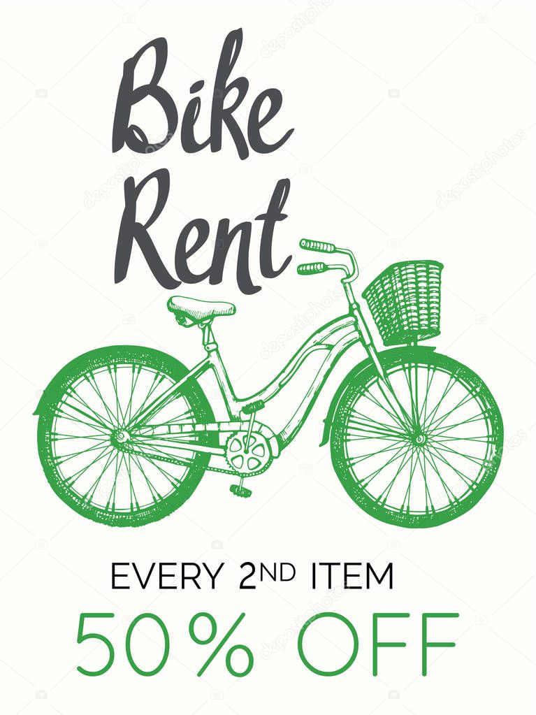 Travel vector illustration with bicycle in sketch style on white background. Bike rent. Brush calligraphy elements for your design. Handwritten ink lettering.