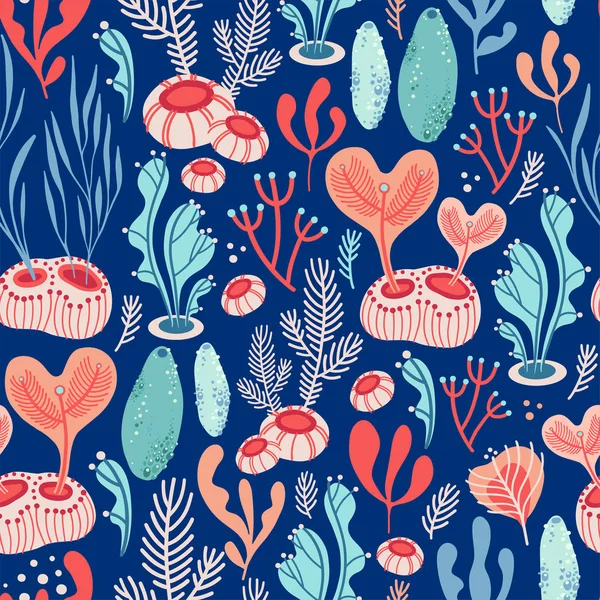 Vector seamless pattern on blue background with seaweed, sea sponges and corals. Abstract illustration with floral elements. Natural design. — Stock Vector