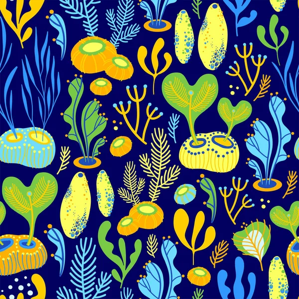 Vector seamless pattern on blue background with seaweed, sea sponges and corals. Abstract illustration with floral elements. Natural design. — Stock Vector