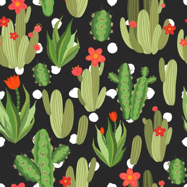 Botanik illüstrasyon Perulu kaktüs ile. Vektör seamless modeli siyah beyaz puantiyeli arka plan üzerinde. Yaz bitkiler.