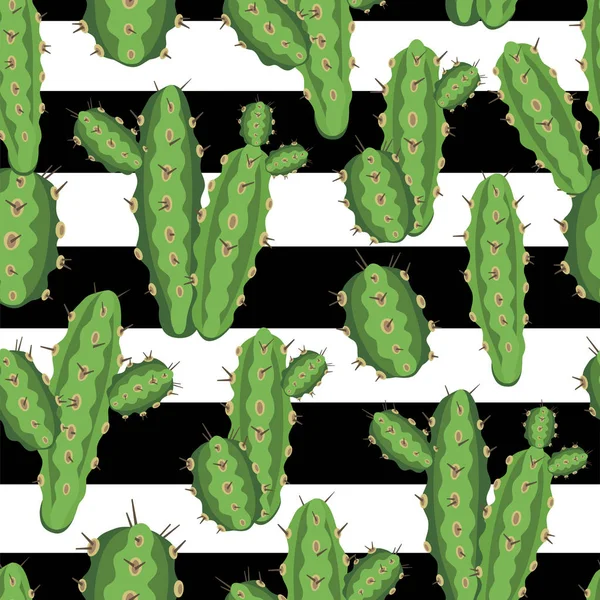 Botanische illustratie met Peruviaanse cactus. Vector naadloos patroon op zwart-wit gestreepte achtergrond. Zomerplanten. — Stockvector
