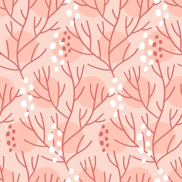 Patrón sin costura vectorial sobre fondo rosa con algas marinas, esponjas marinas y corales. Ilustración abstracta con elementos florales. Diseño natural . — Vector de stock