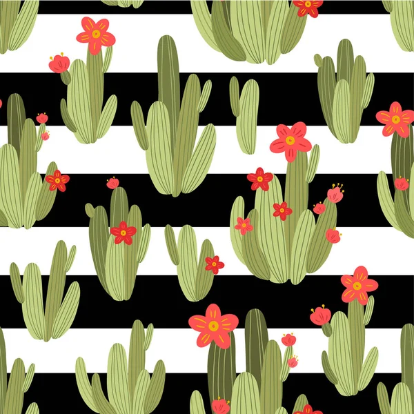 Ilustración botánica con cactus peruano. Patrón sin costura vectorial sobre fondo rayado blanco y negro. Plantas de verano. — Vector de stock