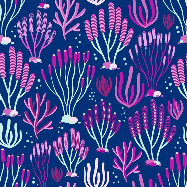 Векторный бесшовный рисунок на синем фоне с морскими водорослями, морскими губками и кораллами. Абстрактная иллюстрация с цветочными элементами. Естественный дизайн . — стоковый вектор