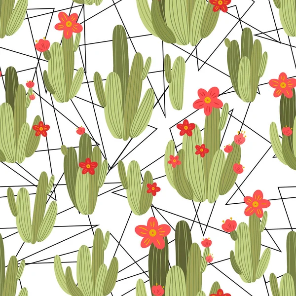 페루 선인장의 식물학적 인 삽화. 검은 색과 하얀색의 기하학적 배경 위에 있는 반사기가 없는 패턴입니다. 여름 식물. — 스톡 벡터