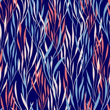 Vector seamless pattern on blue with leaves. Abstract background with floral elements. Natural design. clipart