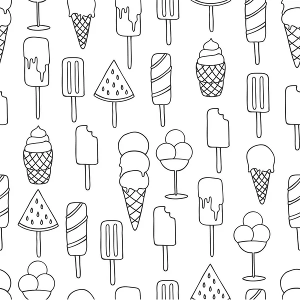 Patrón sin costura vectorial sobre fondo blanco con helado y hielo pop. Línea de arte . — Archivo Imágenes Vectoriales