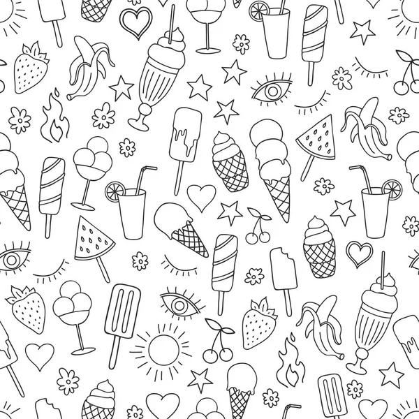 矢量无缝模式在白色背景与冰淇淋和冰棒 线条艺术 — 图库矢量图片