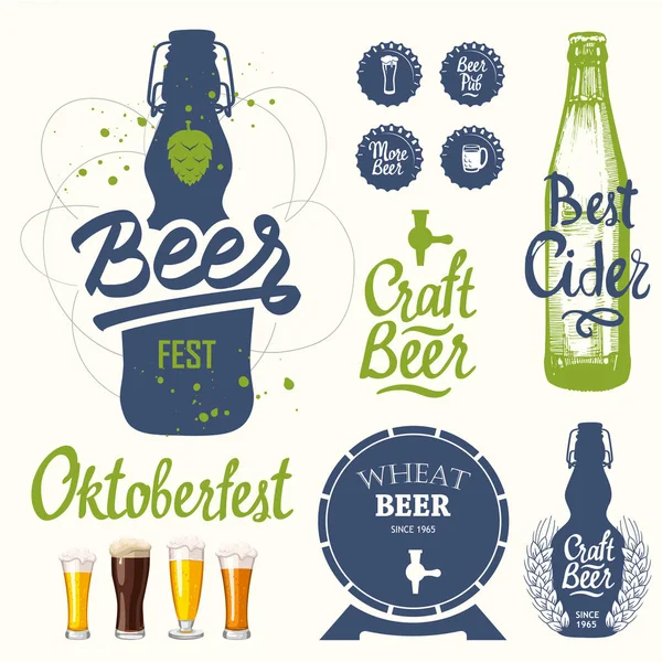 Εικονογράφηση διάνυσμα με λογότυπο παμπ μπίρας και ετικέτες. Απλά σύμβολα γυαλί, μπουκάλι. Oktoberfest παραδόσεις. Διακοσμητικά στοιχεία για το σχεδιασμό σας. Μαύρο άσπρο στυλ. — Διανυσματικό Αρχείο