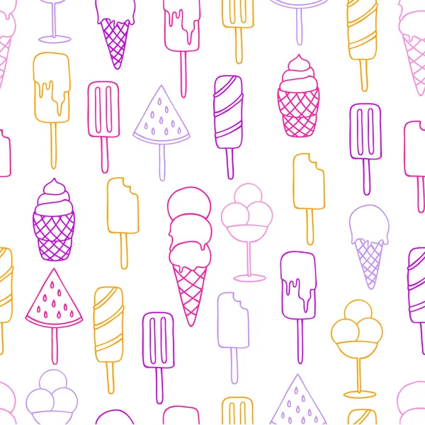 アイスクリームと氷ポップ ホワイト バック グラウンドでシームレスなパターンをベクトル。ライン アート. — ストックベクタ