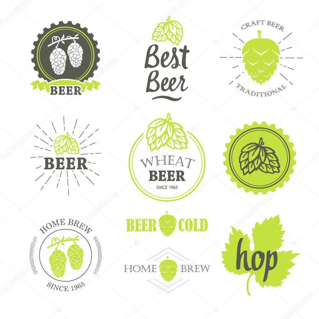 Vector Illustration with beer pub logo and labels. Simple symbols glass, bottle. Traditions of drink. Decorative elements for your design. Black white style.