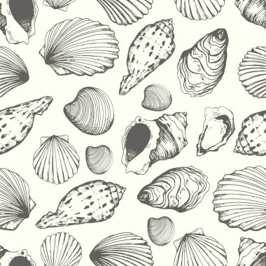 Seamless modeli. Vektör çizim handdrawn seashells kroki tarzı beyaz arka plan üzerinde. Plaj tasarım.