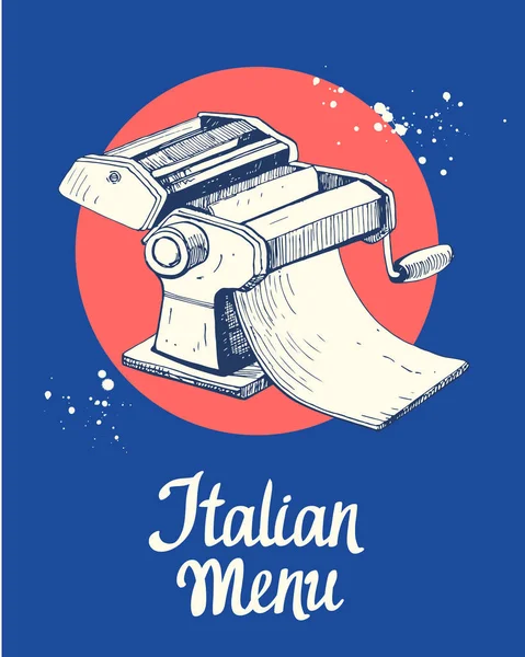 Vektorillustration mit Nudelmaschine. Skizzenentwurf. italienisches hausgemachtes traditionelles Essen. — Stockvektor
