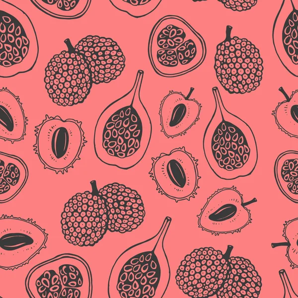 Modèle de nature sans couture avec croquis de fruits. Fond vecteur rouge avec litchi. Aliments tropicaux . — Image vectorielle