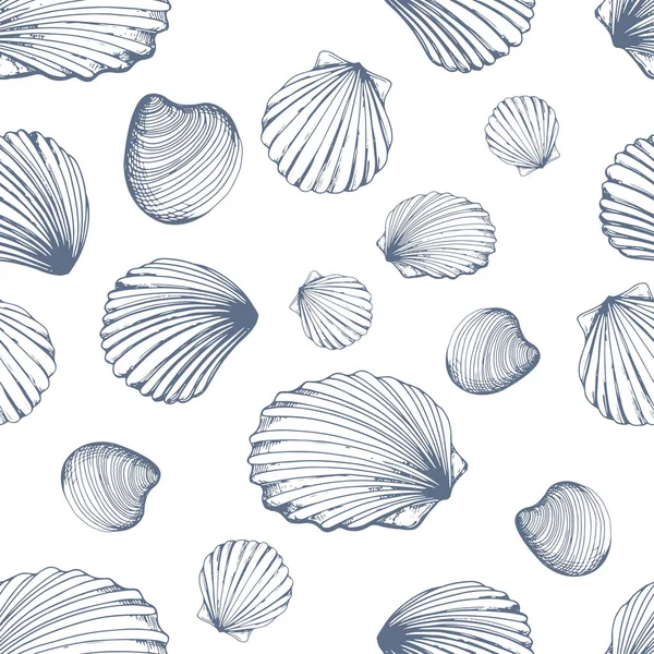 Seamless pattern. Vector Illustration of handdrawn seashells in sketch style on white background. Beach design. — Stock Vector