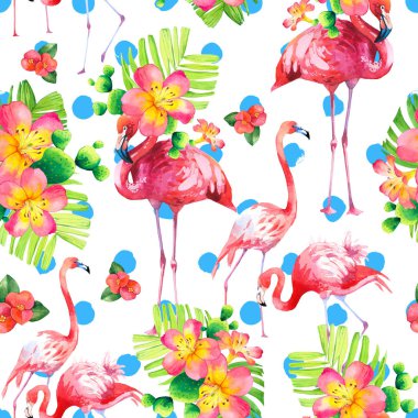 Beyaz arkaplanda sulu boya deseni var. Pembe flamingo ve tropikal bitkilerle illüstrasyon. Cennet kuşu.