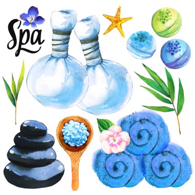 Vücut ve yüz için çeşitli Spa çizimler: havlu, çiçek, taşlar, çanta Masaj, kaşık tuz, tuz bir kase ile. Kozmetik kadın için. Salonda gevşeme,