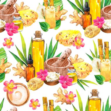 SPA suluboya desenli. Vücut ve yüz için çeşitli araçlara sahip resimler: çiçek, yağ, sünger, tuzlu kase, orkide, bambu, losyon. Kadınlar için makyaj malzemeleri. Salonda rahatlama