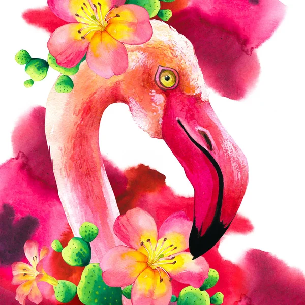 Akwarela ilustracja z pink flamingo i tropikalne rośliny na białym tle. Ptak raj. — Zdjęcie stockowe