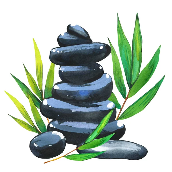 SPA watercolor illustrations with a variety of means for body and face: stones, bamboo branch with leaves. Cosmetics for woman. Relaxation in salon