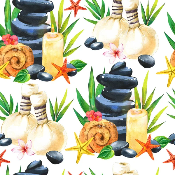 SPA watercolor seamless pattern. Illustrations with a variety of means for body and face: towel, flower, massage bags, stones, oil, candle, bamboo branch. Cosmetics for woman. Relaxation in salon