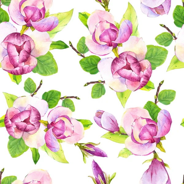 Fundo sem costura primavera com magnólia aquarela. Padrão roxo floral com flores realistas no fundo branco para o seu design e decoração. — Fotografia de Stock