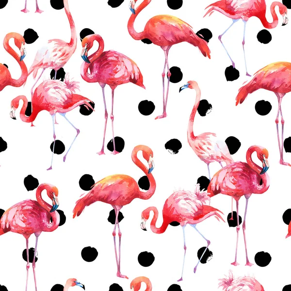 Warna air pola mulus pada latar belakang putih. Ilustrasi dengan flamingo merah muda dan tanaman tropis. Burung surga. — Stok Foto