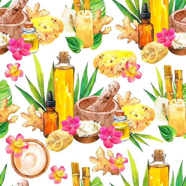 SPA akvarel bezešvný vzor. Ilustrace s různými prostředky pro tělo a obličej: květina, olej, houba, miska se solí, orchidej, bambus, krém. Kosmetika pro ženy. Relaxace v salónu — Stock fotografie