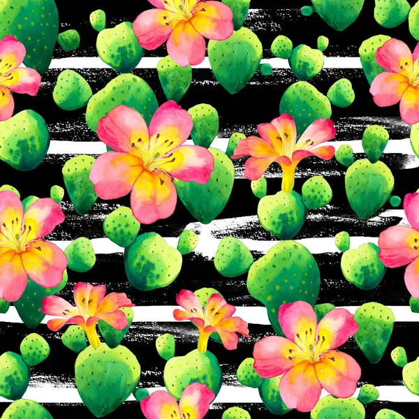 Naadloze patroon met aquarel tropische cactus. Mooie illustratie met exotische groene bladeren op zwarte gestreepte geometrische achtergrond. — Stockfoto