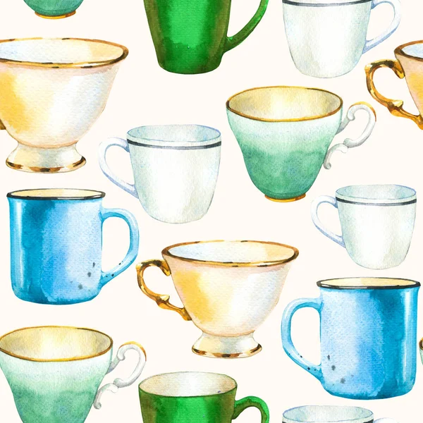 Seamless background. Tea party pattern on white. Watercolor illustration of funny cups. Decorative elements with traditional hot drinks for your packing design. Multicolor decor.