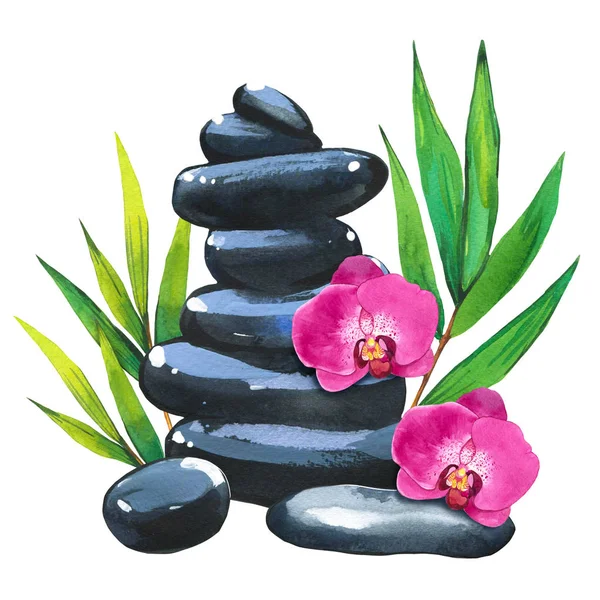 Spa akvarell illusztrációk a különböző eszközök a test és az arc: virág, kövek, orchidea, bambusz ág levelek. Kozmetika hölgynek. Relaxáció a szalonban — Stock Fotó