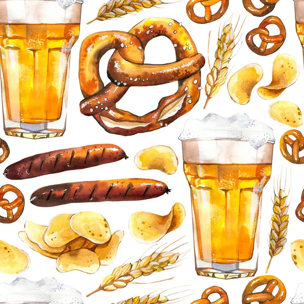 Nahtloser Hintergrund mit Bier und Snacks im Aquarell-Stil. Illustration handgezeichnetes Muster auf weiß. Traditionelles Oktoberfest-Essen. Wirtshauskarte. — Stockfoto