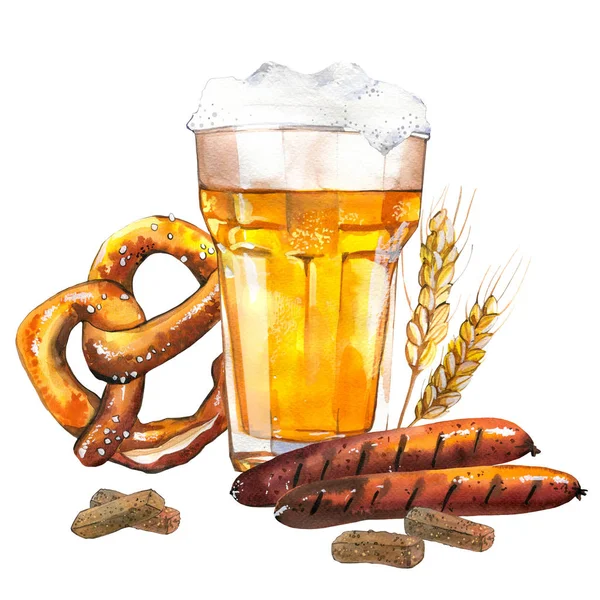 Oktoberfest. Aquarell-Illustration mit Glas Pils und Imbiss: Würstchen, Brezeln, Pommes im malerischen Stil für die Bar. Getränkekarte zum Feiern. Bierparty-Plakat. — Stockfoto